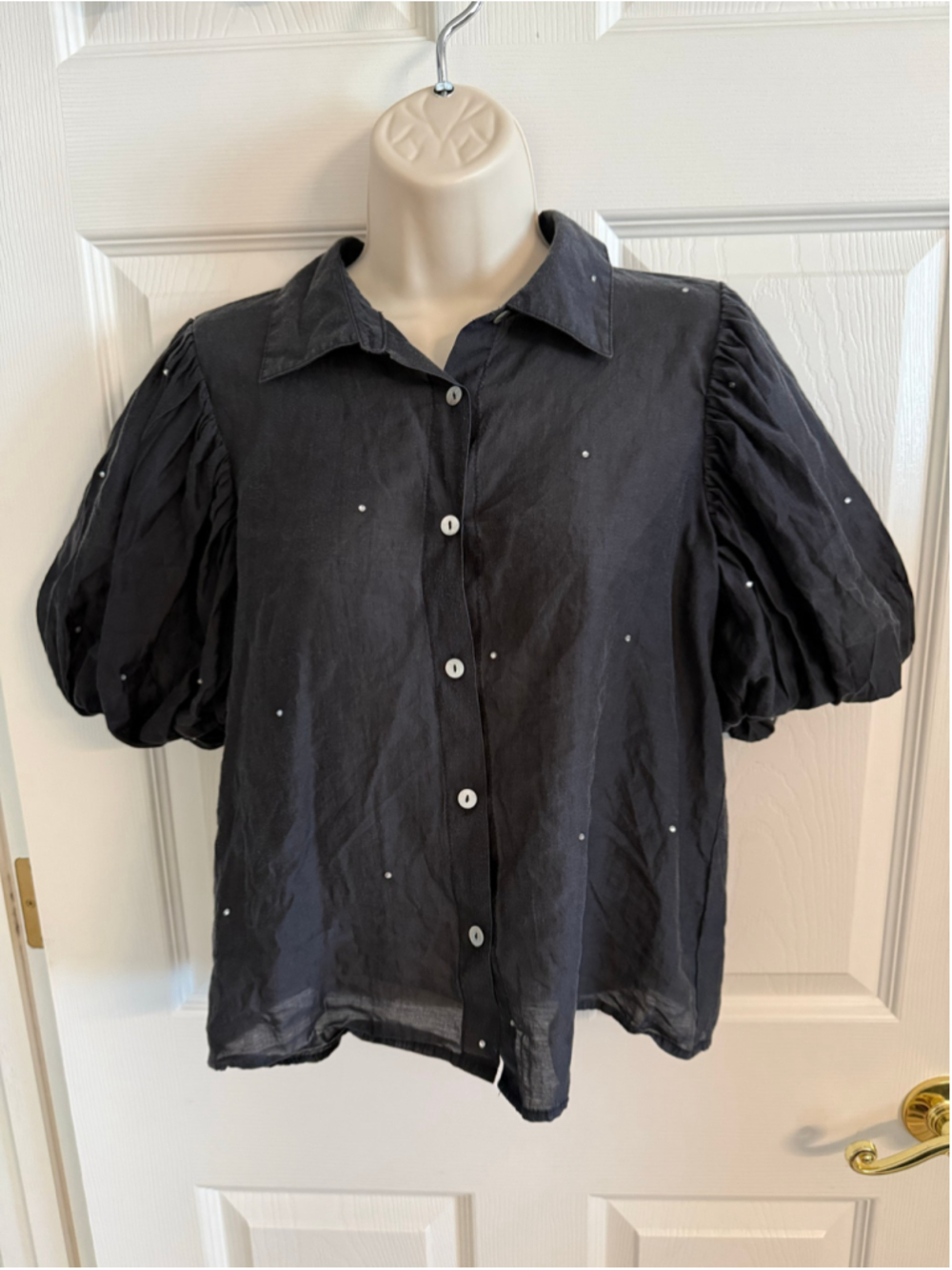 Bailey 44 Black Rhinestone Crystal Embellished Puff Sleeve Blouse Shirt S